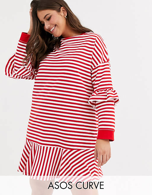 ASOS DESIGN Curve ruffle sweat mini dress in red and white stripe