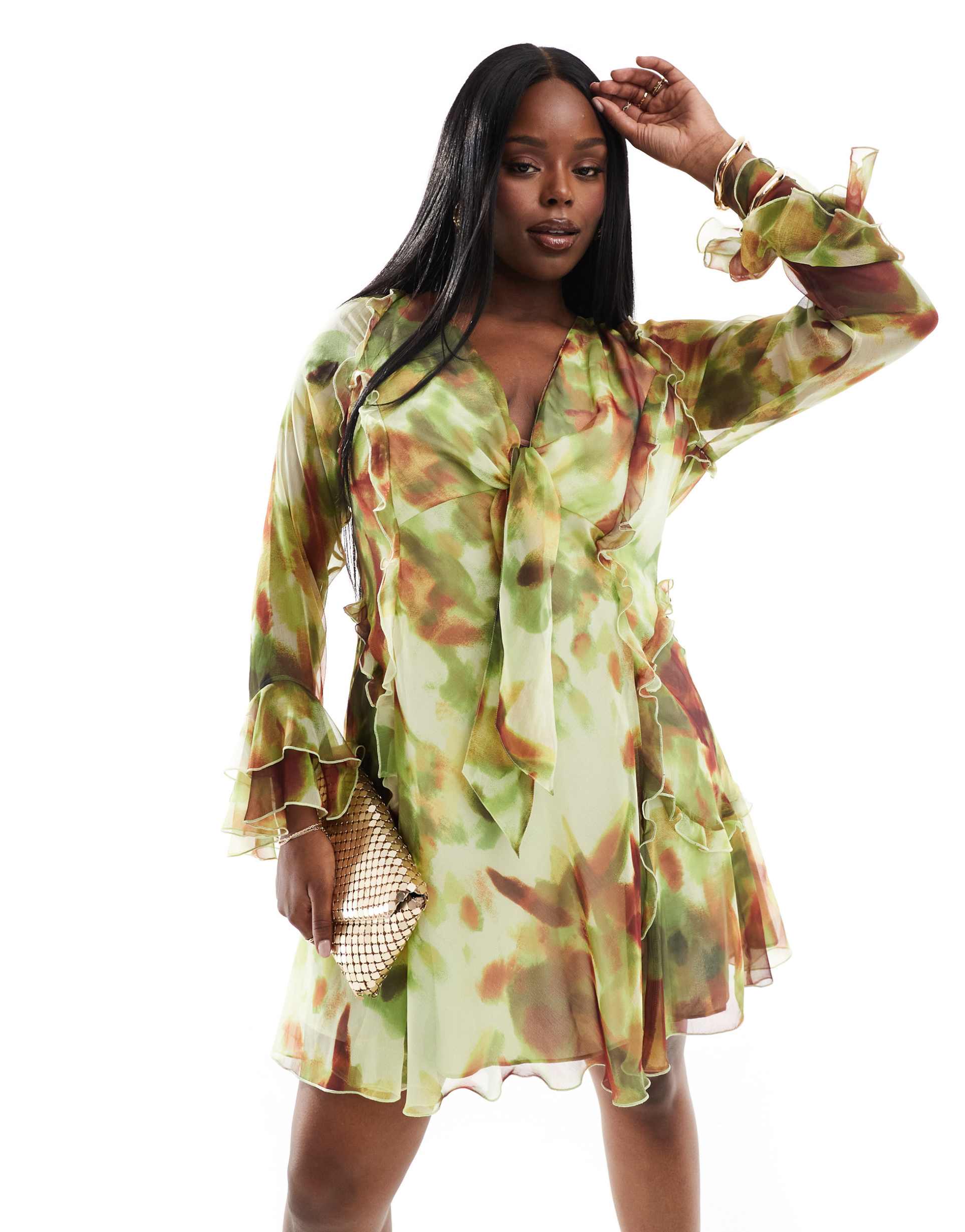 asos design curve ruffle tie front plunge mini dress with frill sleeves in green abstract print