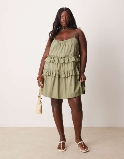 ASOS DESIGN Curve ruffle tiered mini sundress in khaki - view 1