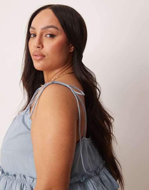 ASOS DESIGN Curve ruffle tiered mini sundress in smoky blue, 3 of 4