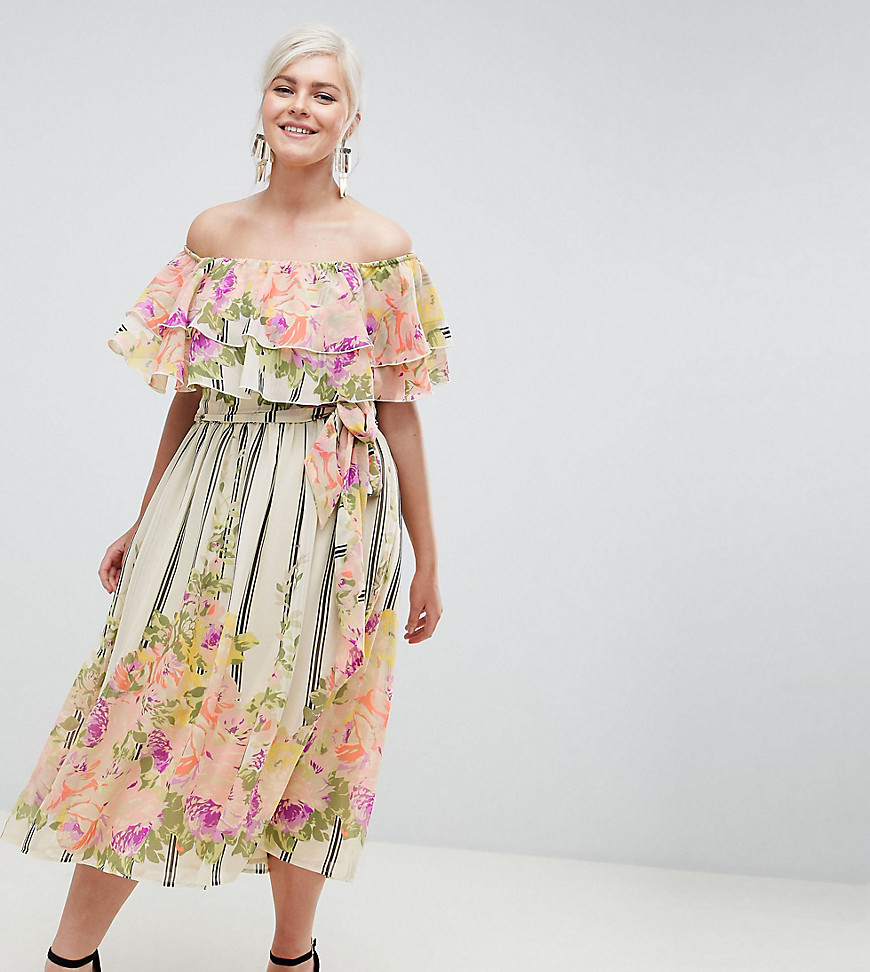 ASOS DESIGN Curve ruffle top bandeau midi dress in floral stripe print-Multi