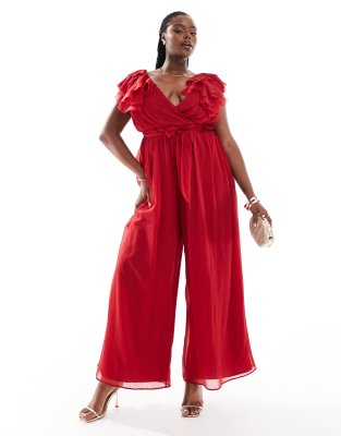 Asos Design Curve Ruffle Wrap Front Tie Waist Jumpsuit In Red-Orange