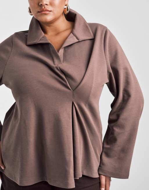 ASOS DESIGN Curve - Rugby top van zware stof met plooidetail in chocoladebruin, 3 van 4
