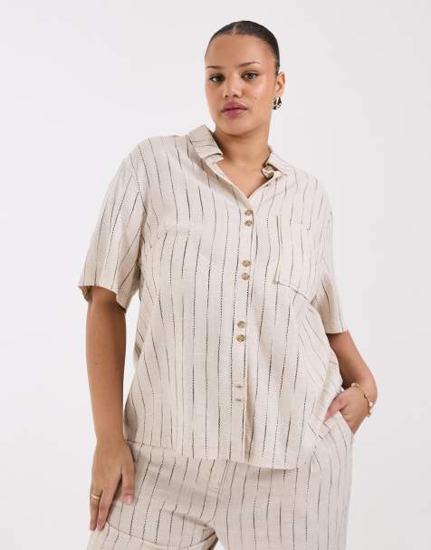 ASOS DESIGN Curve - Ruimvallend gestreept overhemd met linnenlook in naturel - view 1