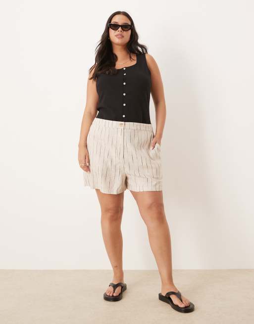 ASOS DESIGN Curve - Ruimvallende dad short van linnenmix in naturel strepen, 2 van 5
