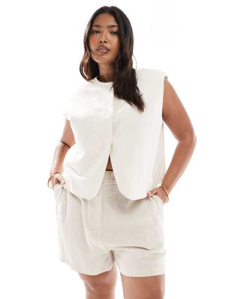 ASOS DESIGN Curve - Ruimvallende dad short van linnenmix in naturel - view 1