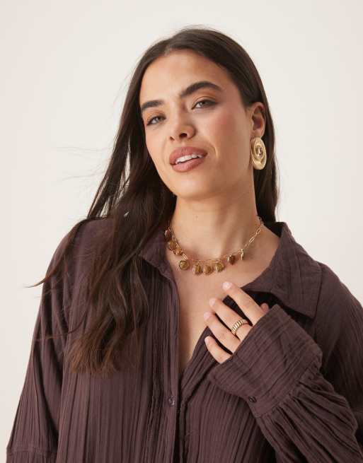 ASOS DESIGN Curve - Ruimvallende mini overhemdjurk in verwassen chocoladebruin, 3 van 4