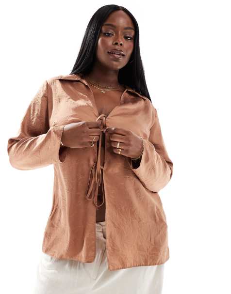 ASOS DESIGN Curve - Rustfarvet longline-top med bindebånd foran i krølstof - view 1