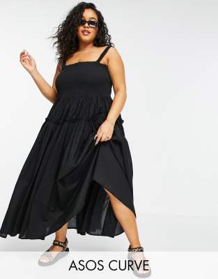 ASOS DESIGN Curve - Rynket midi-sommerkjole med cami-stropper og rå kanter i sort