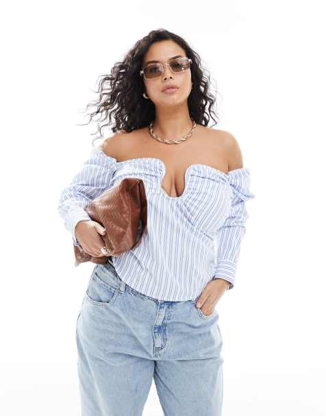 ASOS DESIGN Curve - Rynket offshoulder-bandeau-top med striber - view 1