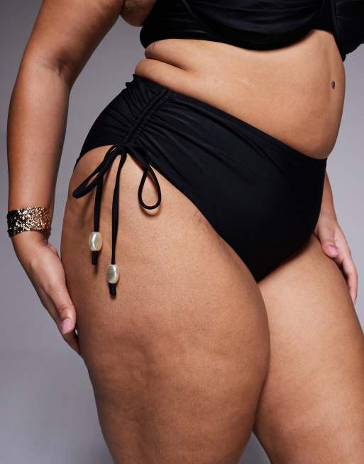 ASOS DESIGN Curve - Sadie - Bikini met strikbandjes en pareldetail in zwart, 4 van 4