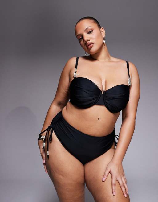 ASOS DESIGN Curve - Sadie Azores - Sorte højtaljede bikinitrusser med rynkede sider og bindebånd med perledetaljer, 2 af 4