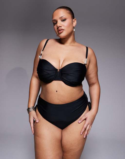 ASOS DESIGN Curve - Sadie - Bikini met strikbandjes en pareldetail in zwart, 3 van 4