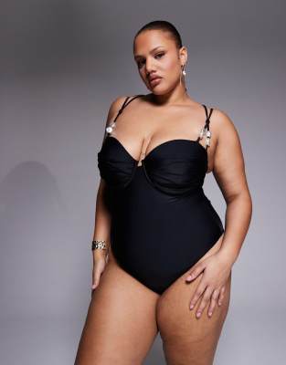 Asos Curve Asos Design Curve Sadie Pleat Bust Underwire Balcony Swimsuit With Pearl Detail-black