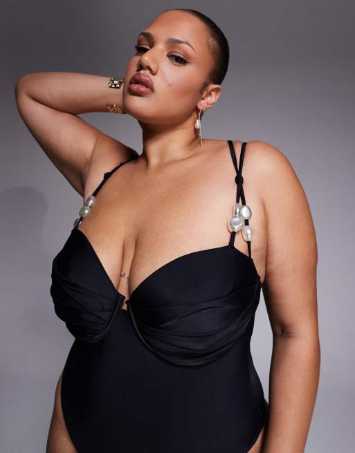 ASOS DESIGN Curve Sadie pleat bust underwire balcony swimsuit with pearl detail, 2 of 4