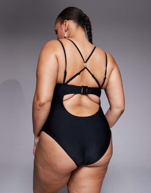 ASOS DESIGN Curve Sadie pleat bust underwire balcony swimsuit with pearl detail, 3 of 4