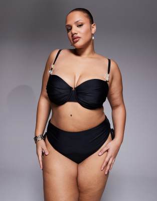 Asos Curve Asos Design Curve Sadie Pleated Bust Underwire Balconette Bikini Top With Faux-pearl Detailing In Black