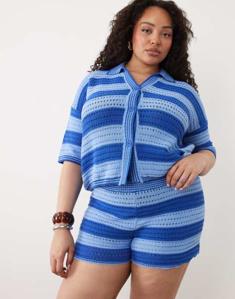 ASOS DESIGN Curve Sally beach knit shorts in blue stripe (part of a set) - view 1