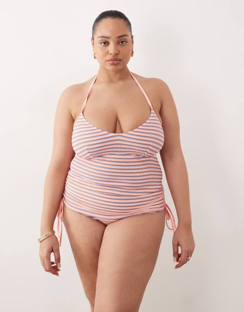 ASOS DESIGN Curve Sally tankini bikini top in textured stripe - view 1