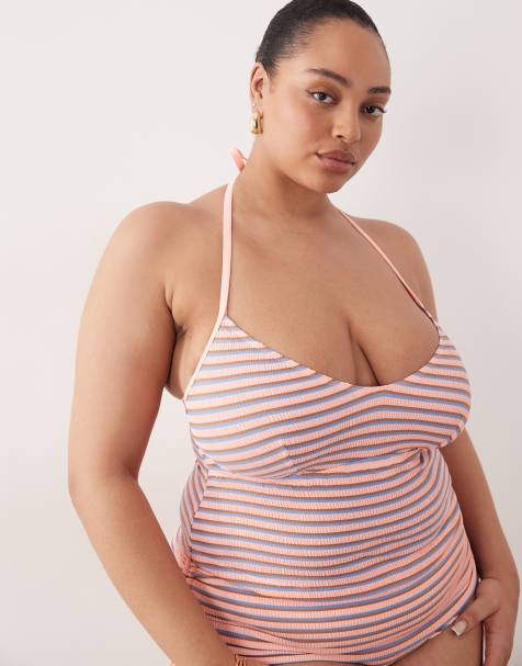 ASOS DESIGN Curve Sally tankini bikini top in textured stripe