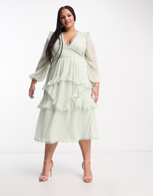 ASOS DESIGN Curve – Salviagrön långärmad midiklänning med cirklade kanter