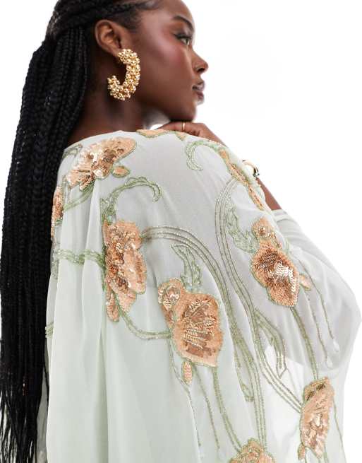 ASOS DESIGN Curve – Salviagrön midiklänning med capedesign och blommig utsmyckning, 2 av 4