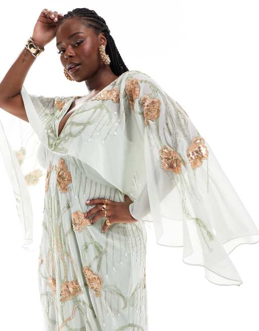 ASOS DESIGN Curve – Salviagrön midiklänning med capedesign och blommig utsmyckning, 3 av 4