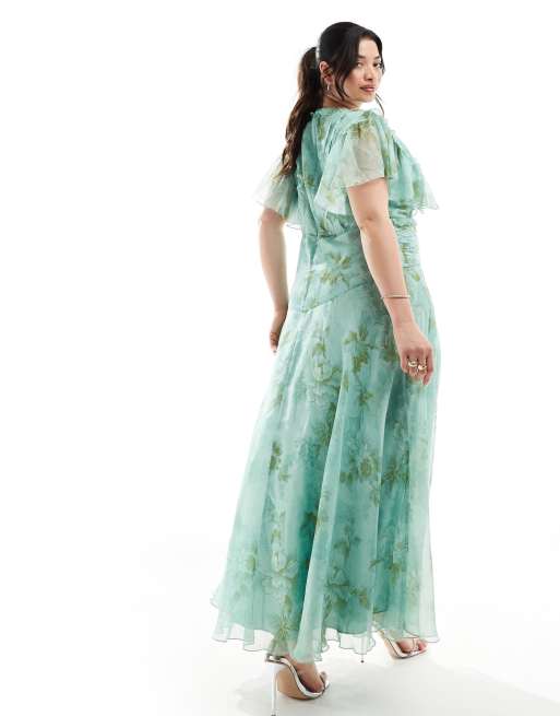 ASOS DESIGN Curve - Salviefarvet blomstret midikjole med flagrende ærmer og bindebånd foran, 2 af 4