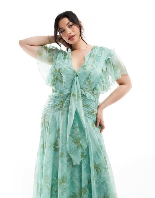 ASOS DESIGN Curve - Salviefarvet blomstret midikjole med flagrende ærmer og bindebånd foran, 4 af 4