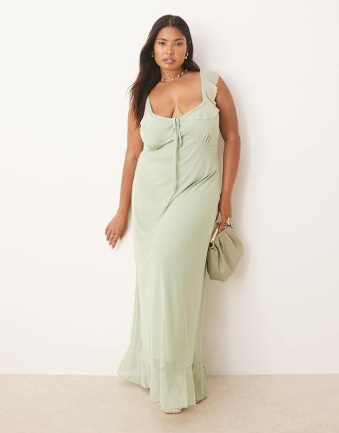 ASOS DESIGN Curve - Salviegrøn tea-midikjole med dobbelt flæsekant i mesh - view 1