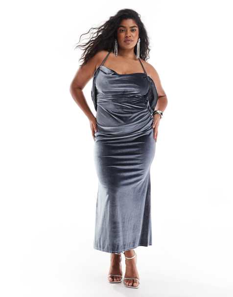 ASOS DESIGN Curve – Samt-Midikleid in Anthrazit mit Wasserfallausschnitt hinten - view 1
