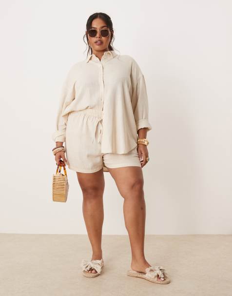 ASOS DESIGN Curve – Sandfärgade linneshorts med resårmidja, del av set - view 1