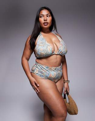 ASOS DESIGN Curve - Sarah - Bikinihose mit hohem Bund und Schal-Print-Bunt