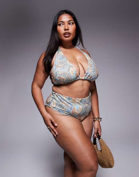 ASOS DESIGN Curve Sarah high waist bikini bottom in scarf print - view 1