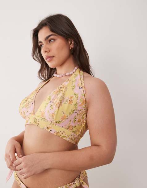 ASOS DESIGN Curve Sarah scarf high apex halter neck triangle bikini top in floral print - view 1