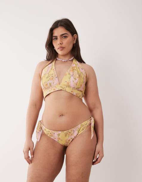 ASOS DESIGN Curve Sarah scarf high leg tie side bikini bottom in floral print - view 1