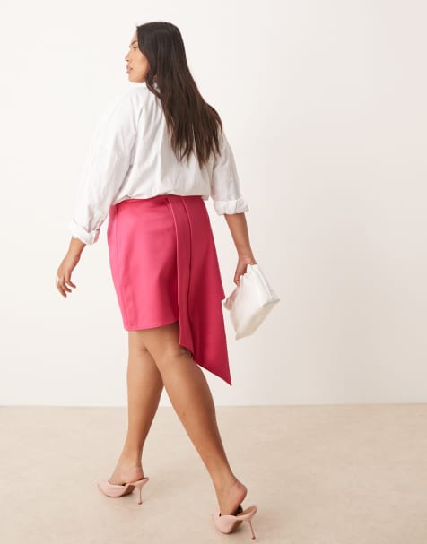 ASOS DESIGN Curve sash detail satin mini skirt in hot pink - view 1
