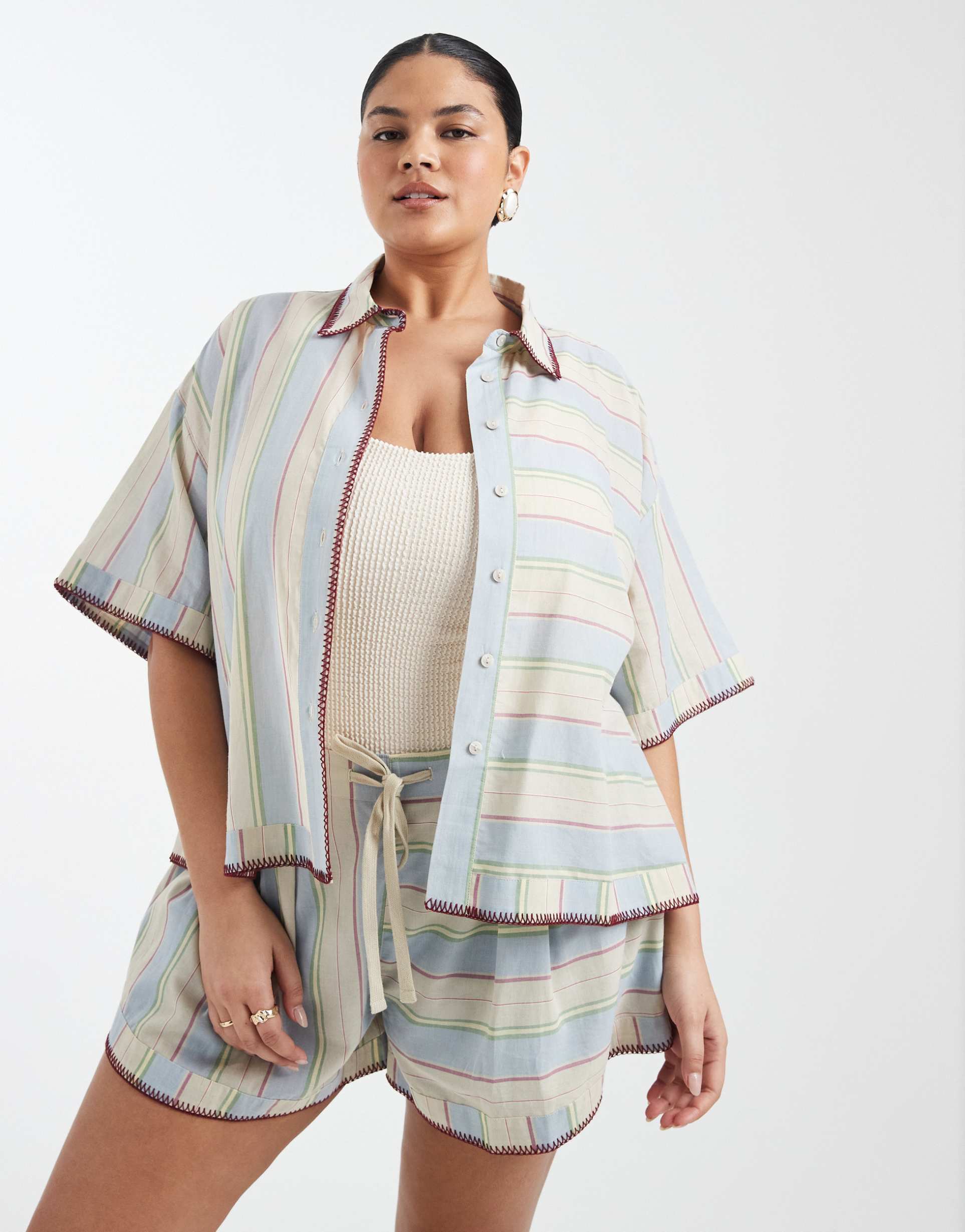 asos design curve sasha beach resort shirt with stitch detail in washed stripe - part of a set