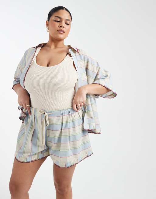 ASOS DESIGN Curve Sasha beach short co ord with stitch detail in washed stripe, 2 of 5