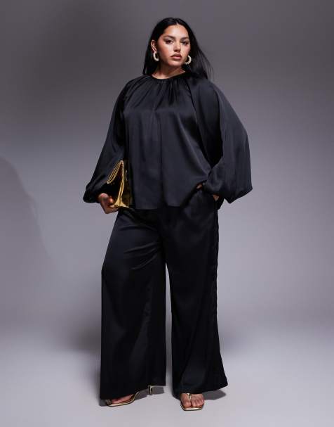 ASOS DESIGN Curve - Satijnen broek met wijde pijpen in zwart, deel van co-ord set - view 1