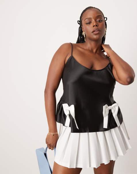 ASOS DESIGN Curve - Satijnen hemdje met strik in zwart - view 1