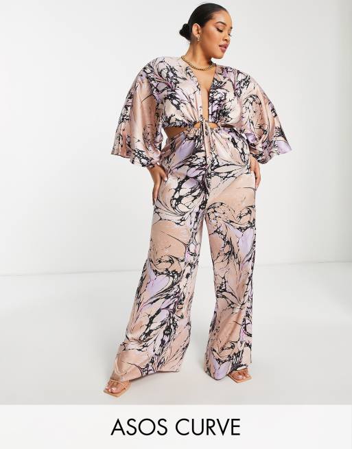 ASOS DESIGN Curve - Satijnen jumpsuit met kimonomouwen in marmerprint