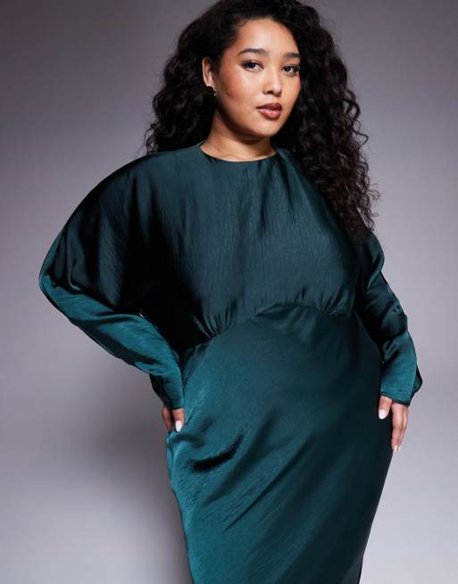 ASOS DESIGN Curve - Satijnen maxi-jurk met vleermuismouwen in bosgroen, 2 van 4