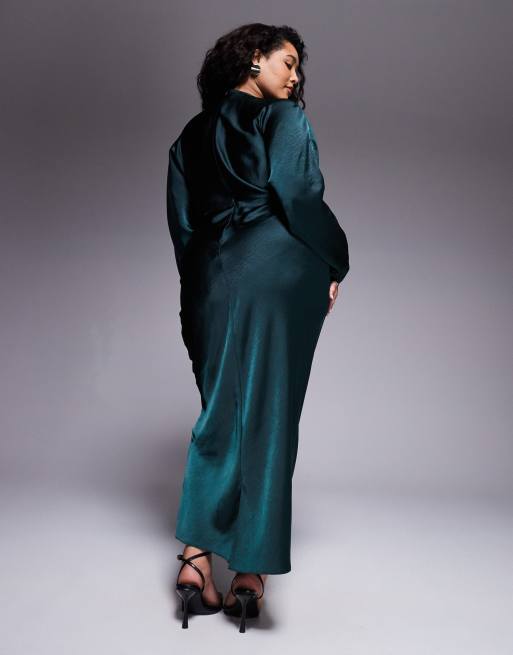 ASOS DESIGN Curve - Satijnen maxi-jurk met vleermuismouwen in bosgroen, 3 van 4