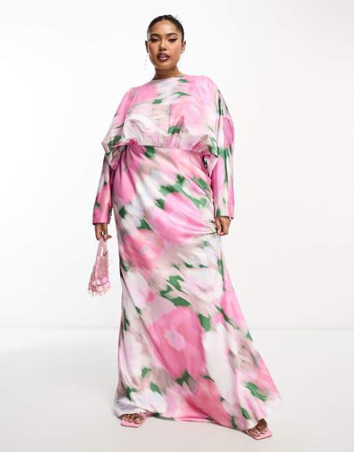 ASOS DESIGN Curve - Satijnen maxi jurk met vleermuismouwen in vervaagde bloemenprint