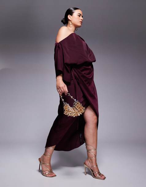 ASOS DESIGN Curve - Satijnen midi jurk met afhangende schouder wikkelrok in bordeauxrood - view 1