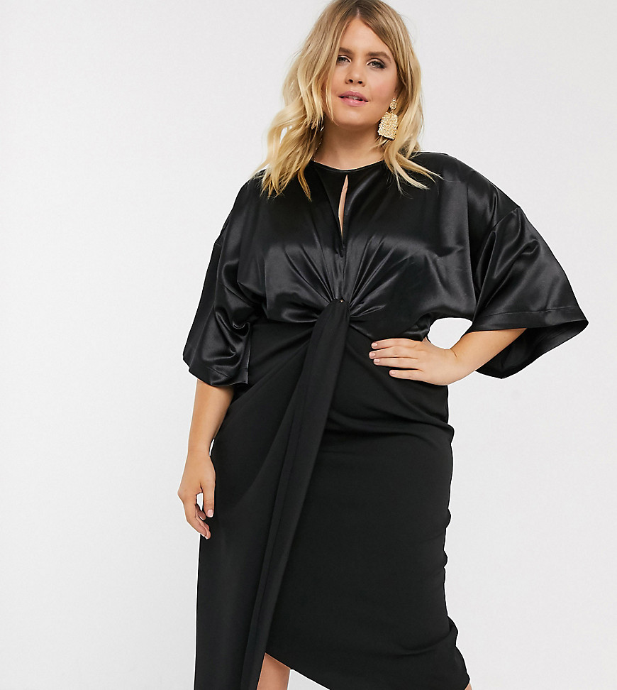 ASOS DESIGN Curve - Satijnen midi-jurk met gedraaide voorkant-Zwart