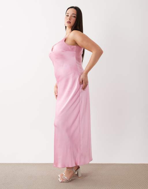 ASOS DESIGN Curve - Satijnen midi jurk met hoge cups in suikerroze, 2 van 4