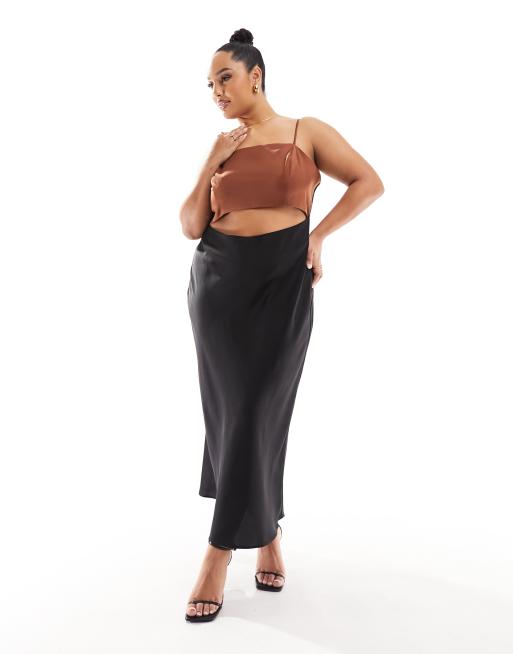 ASOS DESIGN Curve - Satijnen midi jurk met kleurvlakken in zwart met chocoladebruin lijfje