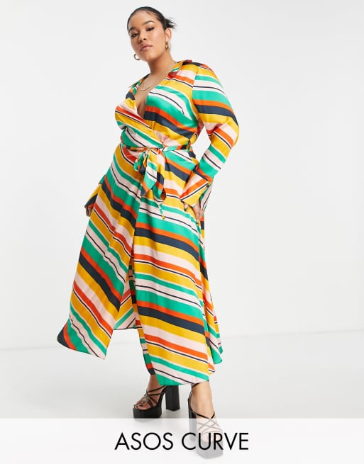 ASOS DESIGN Curve - Satijnen midi-jurk met overslag, kraagje en felgekleurde strepen